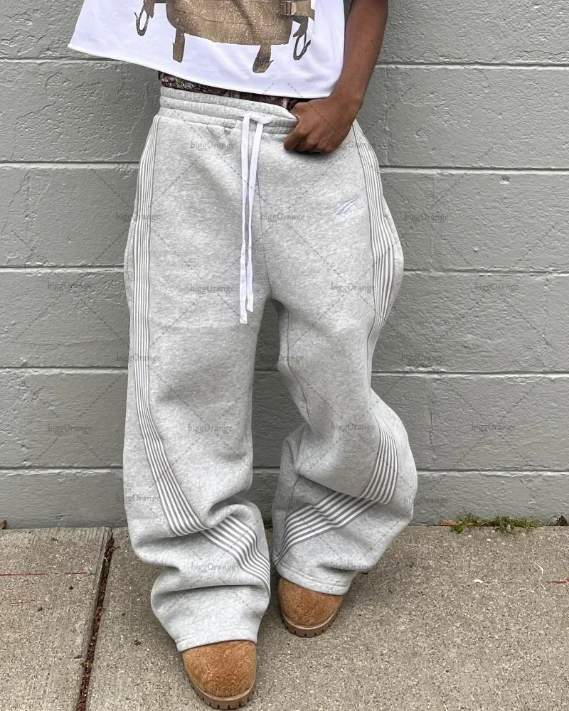 Y2k American Retro Loose Casual Wide-leg Pants Women Y2k Hip-hop Versatile Oversized Knitted Pants Fashion Striped Trousers Men