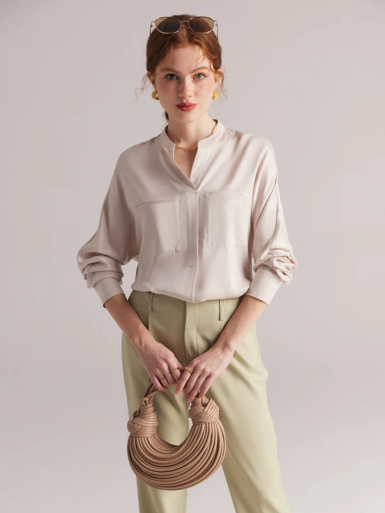 SuyaDream, Women Solid Blouses, 100%Real Silk, V Neck Chest Pockets Chic Shirts, 2024 Spring Summer Office Lady Top