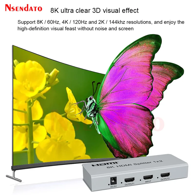 

8K 60Hz HDR HDMI Splitter 1x2 4K 60hz HDMI 2.0 Splitter Converter 1 In 2 Out HDMI Switch For 7680x4320P for TV PS5 Xbox Game PC