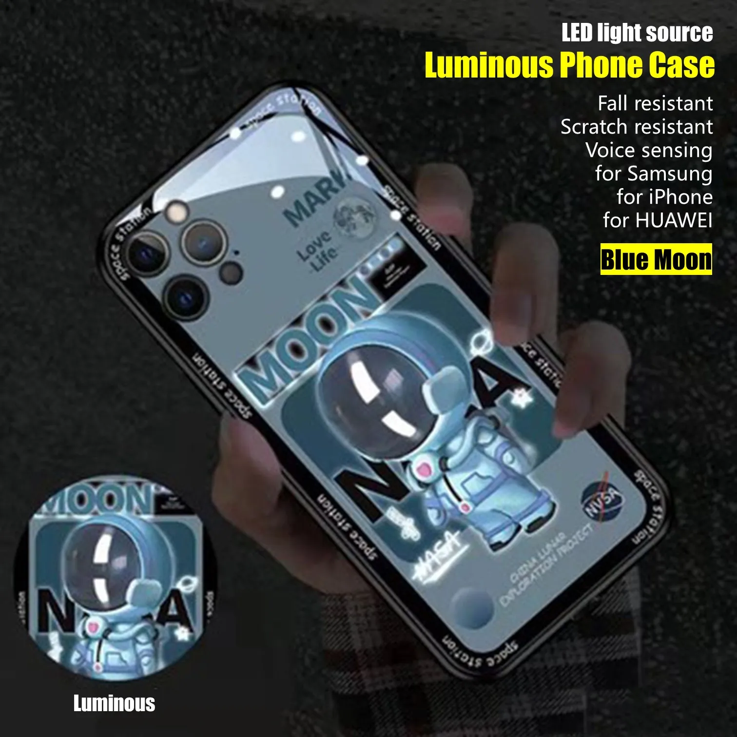 

Cool Astronaut LED Light Glowing Luminous Tempered Glass Back Phone Case for Xiaomi 11 12 13 Redmi K40 K50 Pro Lite Ultra Cover