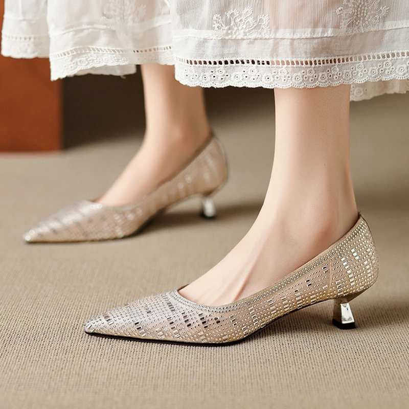 

Women's New Spring and Autumn Genuine Leather Shining Pointed French Deep Mouth Fashion High Heels Single Shoes Wedding Shoes