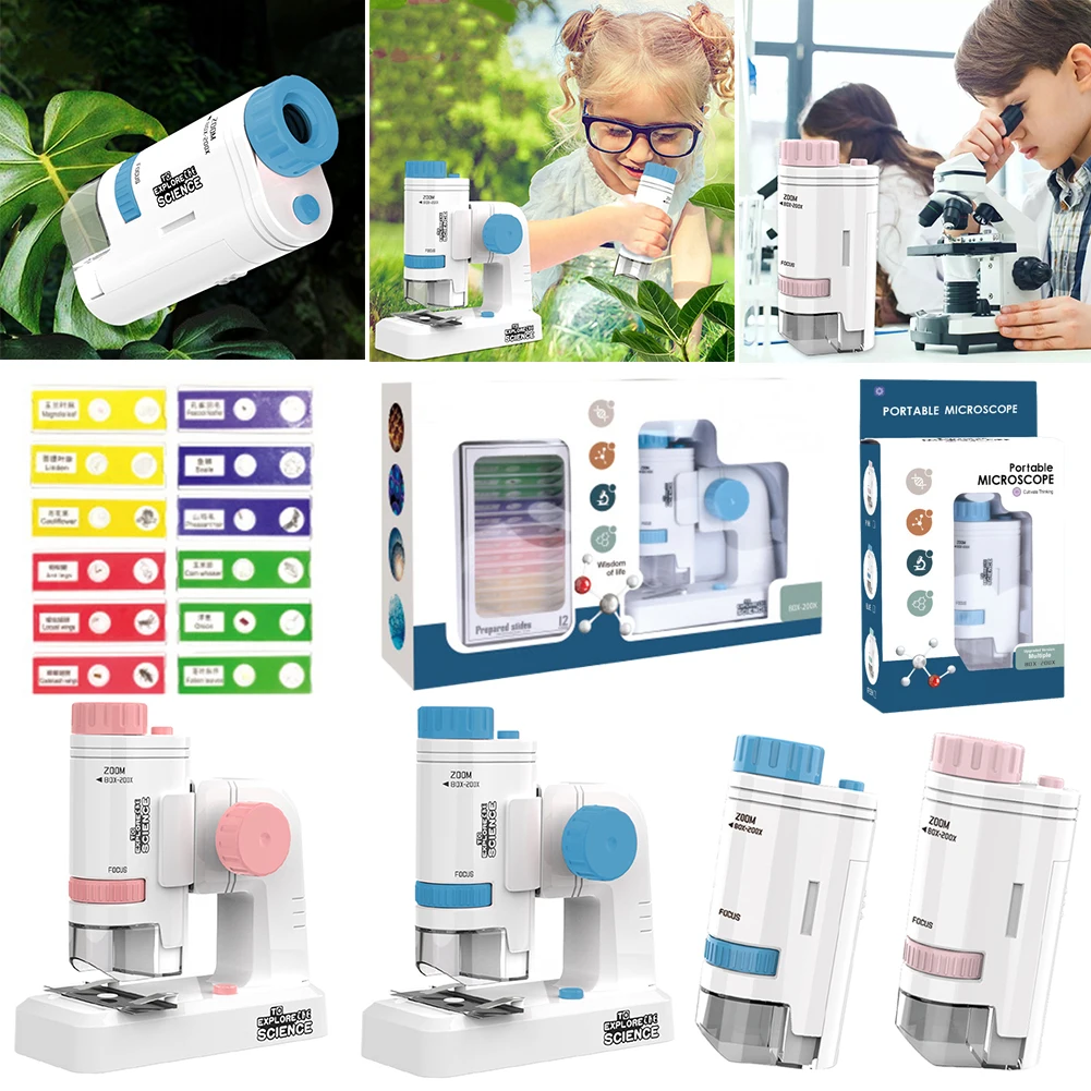 80-200X Electric Mini Microscope with Base Portable Biological Science Microscope Lab Handheld Microscope Kids Science Equipment