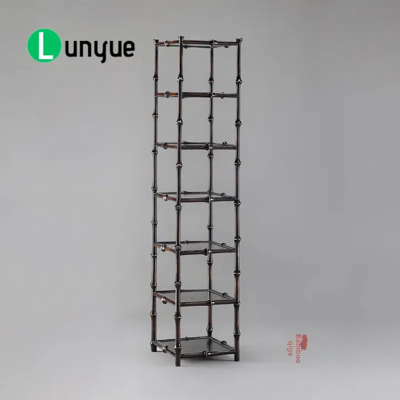 New Chinese Style 7 Layer Floor to Ceiling Storage Rack Lacquered Woven Bamboo Bookcase Narrow Design for Home Living Room