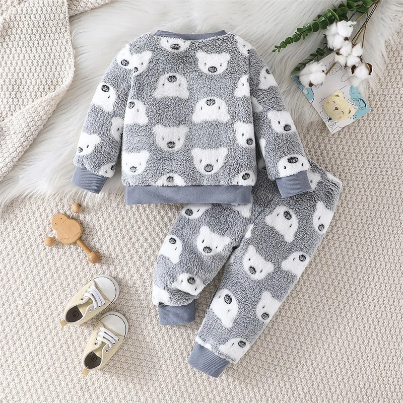 Kids Boys 2-piece Outfit Furry Bear Long Sleeve Sweatshirt with Elastic Waist Sweatpants Winter Outfit