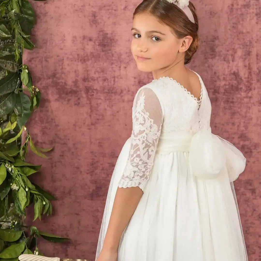 

FATAPAESE Flower Girl Kid Dress Lace Floral White Ribbon Belt Holy Primeracomunión Princess Bridemini Junior Bridesmaid Wedding