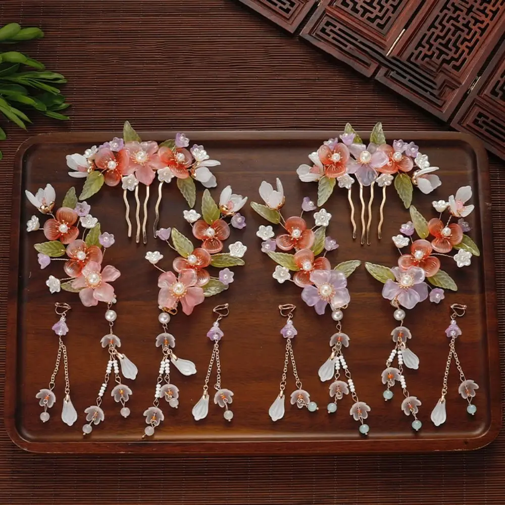 

Ancient Style Tassel Chinese Style Hairpin Set Pearl for Buns Hanfu Hair Stick Earring Alloy Flower Hair Comb Women