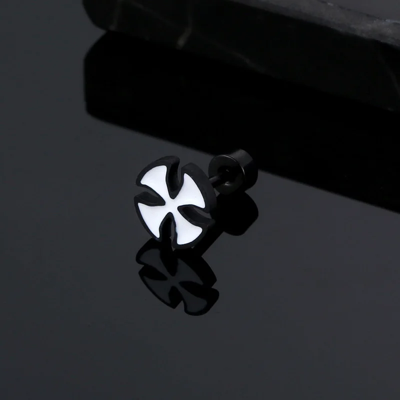 1Pair Hip Hop Punk Titanium Steel Stud Piercing Hoop Earrings For Women Men Circle Cross Pendient Jewelry Black White Color