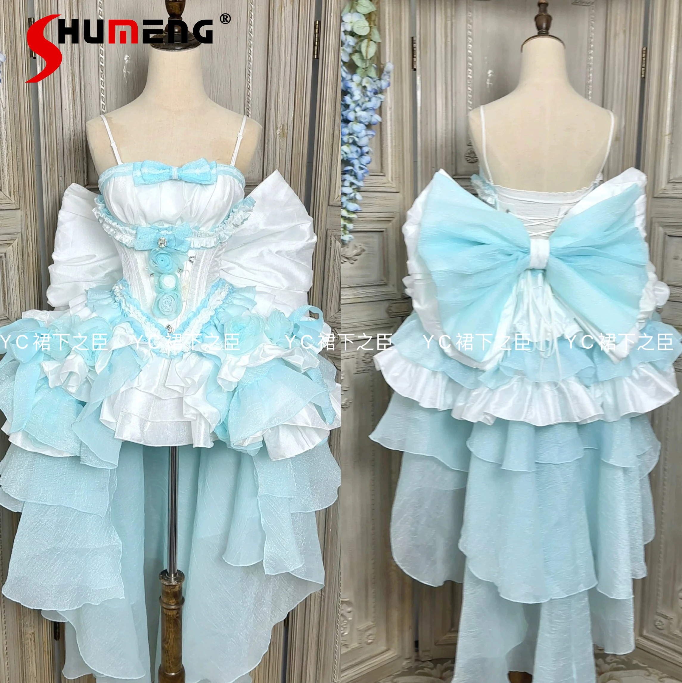 

French Elegant Princess Evening Dress Girls Woman's High Waist Slim Sweet Big Bow Tail Birthday Party Dress Ball Gown Dresses