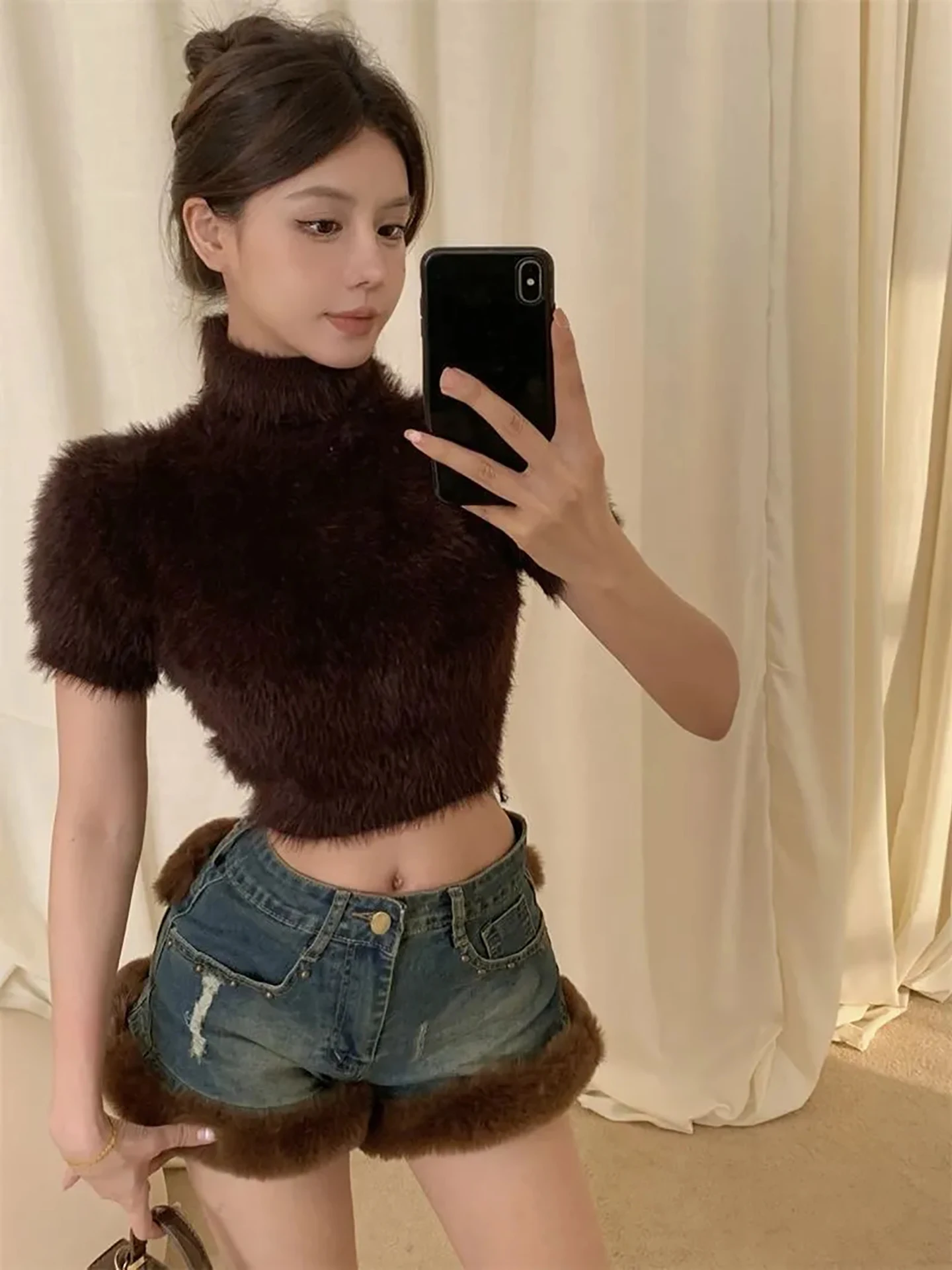 

Korean mat Color High Collar Knitwear Versatile Faionable Inner Wear ort Sle Top for Women Commute
