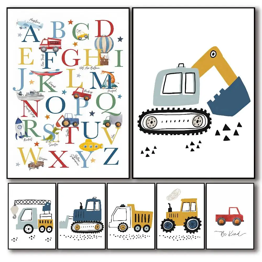 Childrens Cartoon Car Digger Poster Self-adhesive Art Room Entrance Restaurant Wall Decor Art Painting