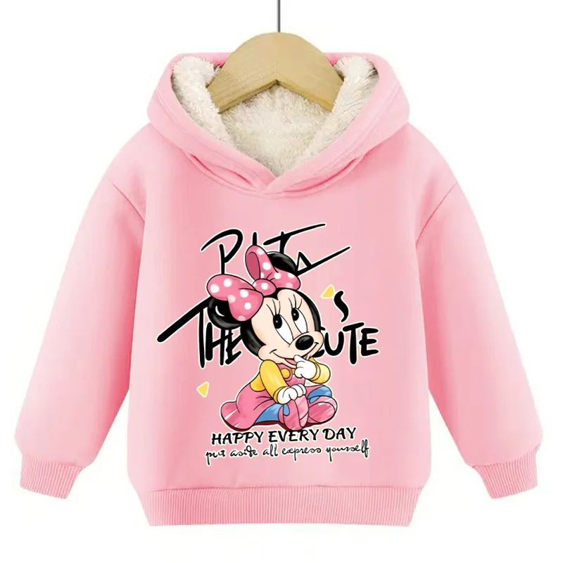 Kawaii Mickey Minnie Child Hoodie Sweatshirt Disney Anime Winter Kids Thick Clothes Donald Duck Daisy Pink Winter Warm Coat Top