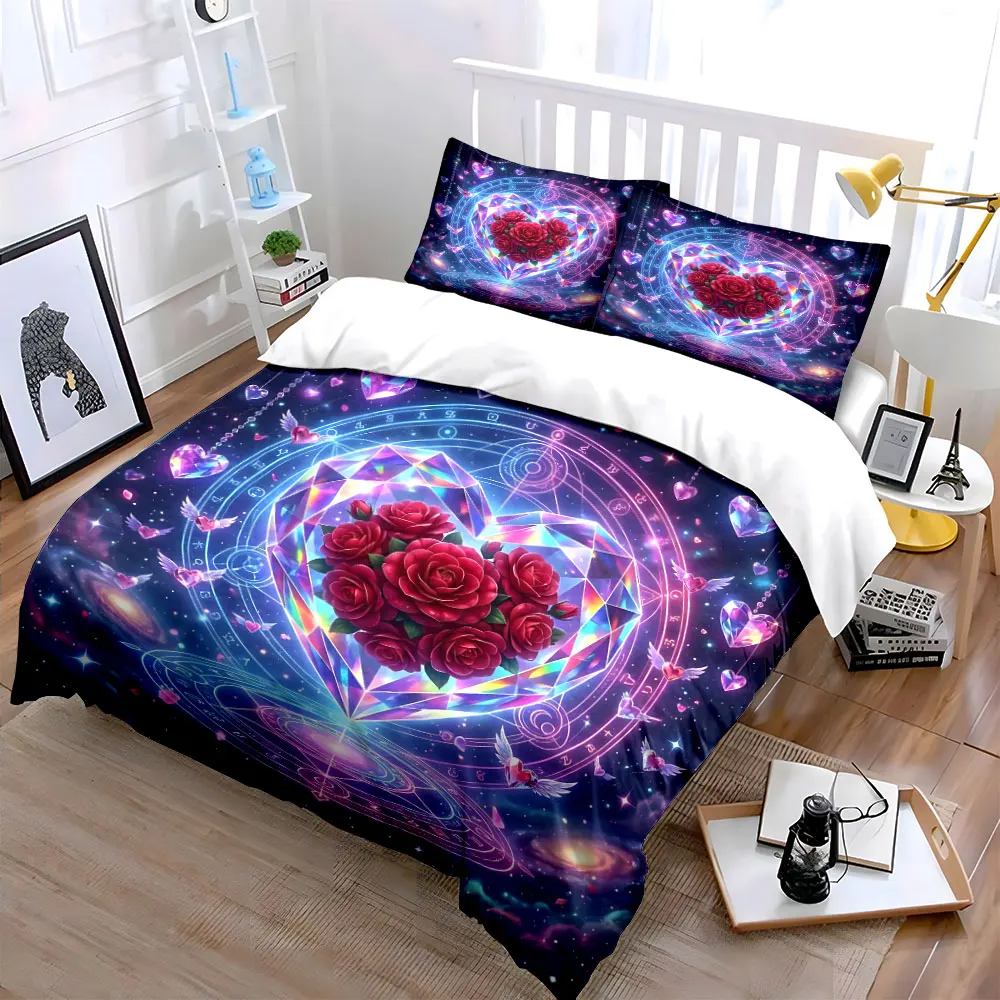 Crystal Heart Rose Magic Diagram Bedding Set for Kids Luxury Gift 3pcs Digital Print Comforter Set Soft Comfortable Breathable