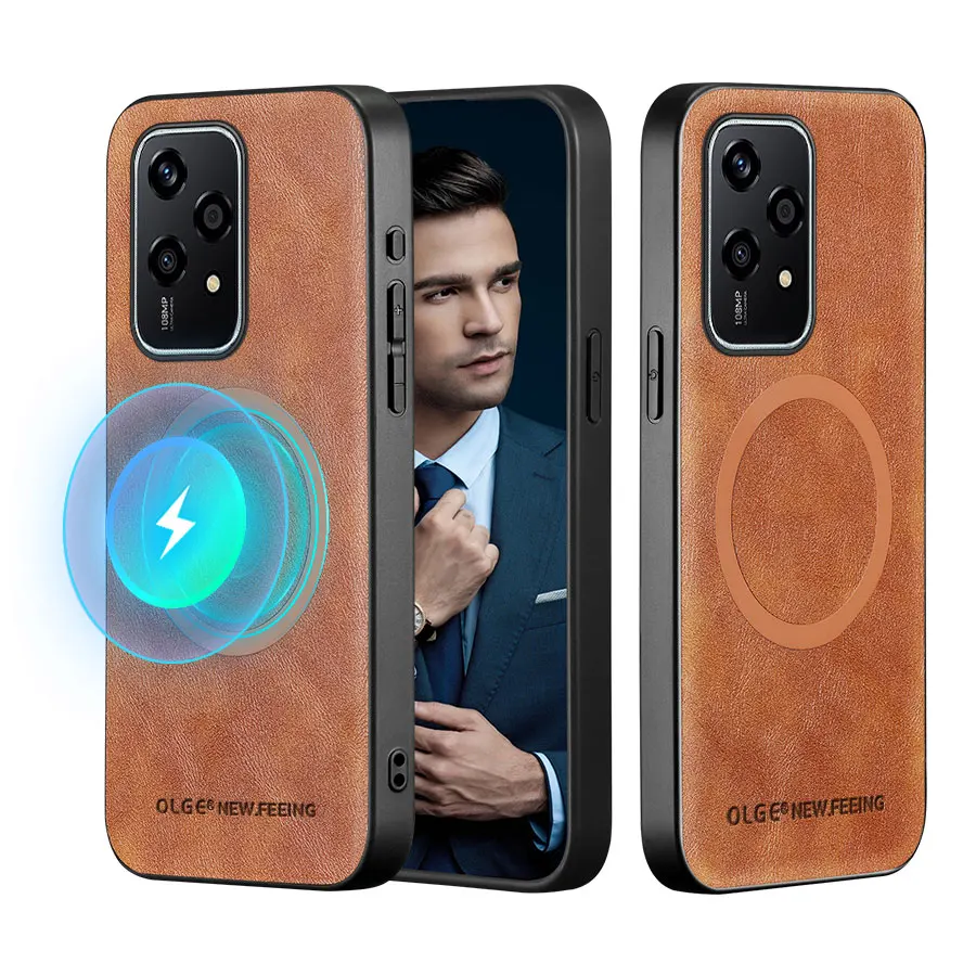 

Роскошный магнитный кожаный чехол OLGE из телячьей кожи для Honor 200 Lite с поддержкой Magsafe, мягкий чехол-бампер с беспроводной зарядкой, принципиально