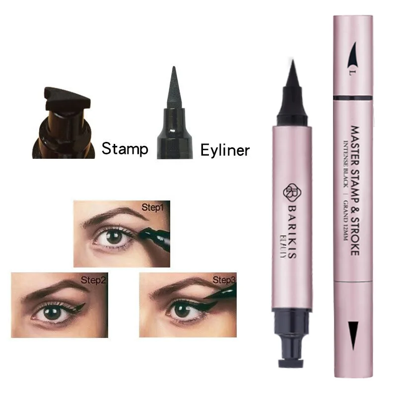 2 Pens Winged Eyeliner Stamp Black Brown Liquid Eyeliner Pen Triangle Seal 2-in-1 Waterproof Makeup Kit With Eye Liner Pencil