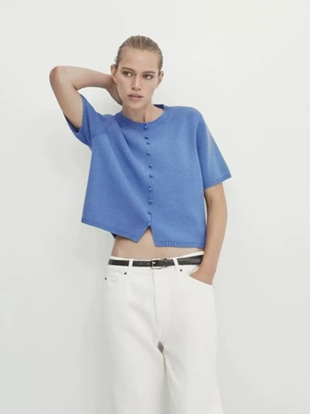 

Женская вязаная кофта MD с круглым вырезом, на пуговицах, простая, элегантная, осенняя новинка, для деловых встреч и повседневной носки