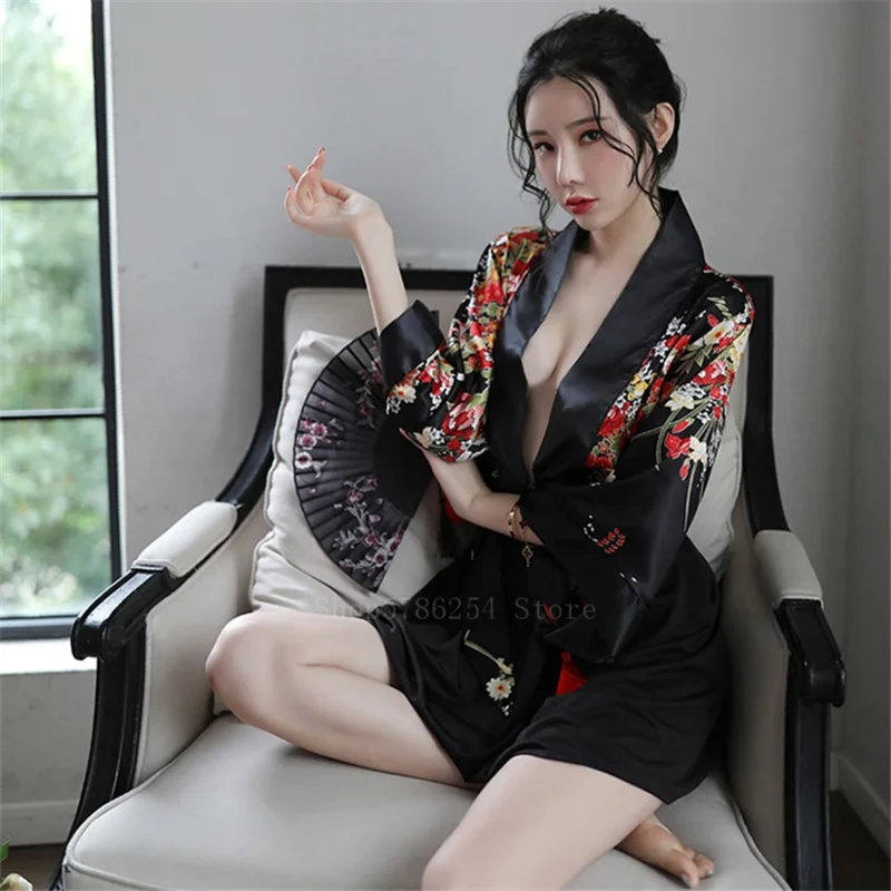 4PCs Japanese fancy floral print kimono sexy dress women female Tussel pajamas hot lingerie yukata robe costume V neck cardigan