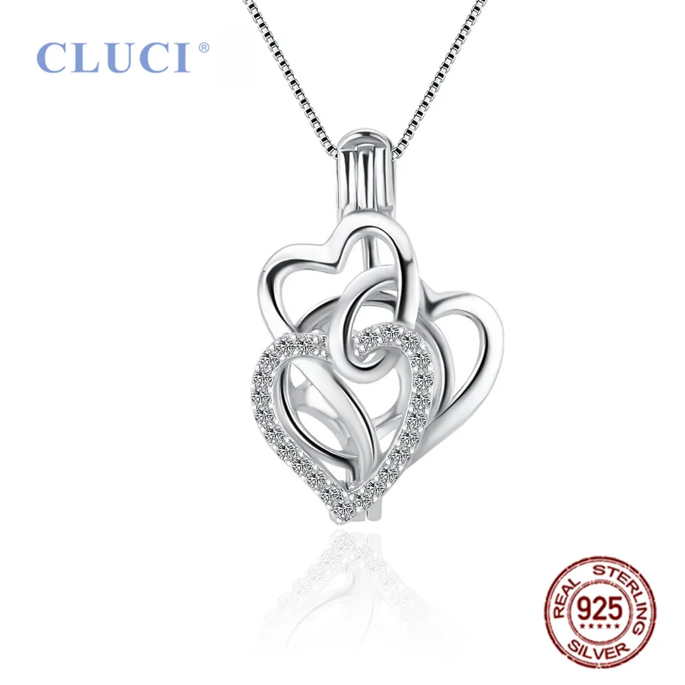 CLUCI Women 925 Sterling Silver Zircon Romantic Timeless Three Hearts Cage Pendant fit Pearl Charms Mother's Day Gift SC445SB