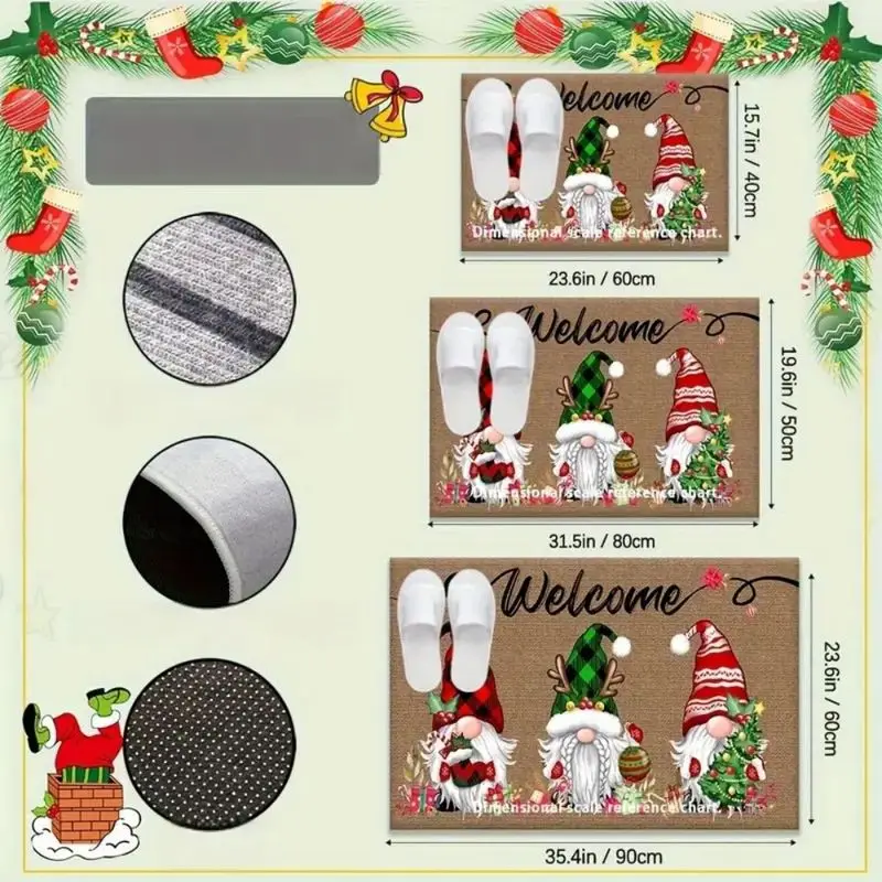 VIKAMA Welcome Gnome Floor Mat Easy To Clean Christmas Gift Print Non Slip Absorbent Doormat For Hallway Porch Xmas Decor