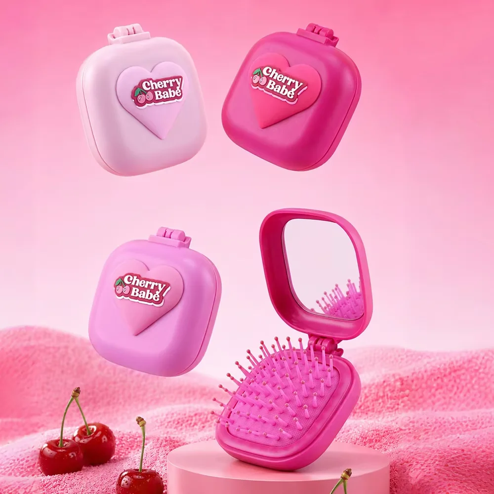 1 Pcs Cherry Foldable Air Cushion Hairbrush Portable Mini Comb Detangling Scalp Massage Daily Hair Care Use Valentine's Day Gift