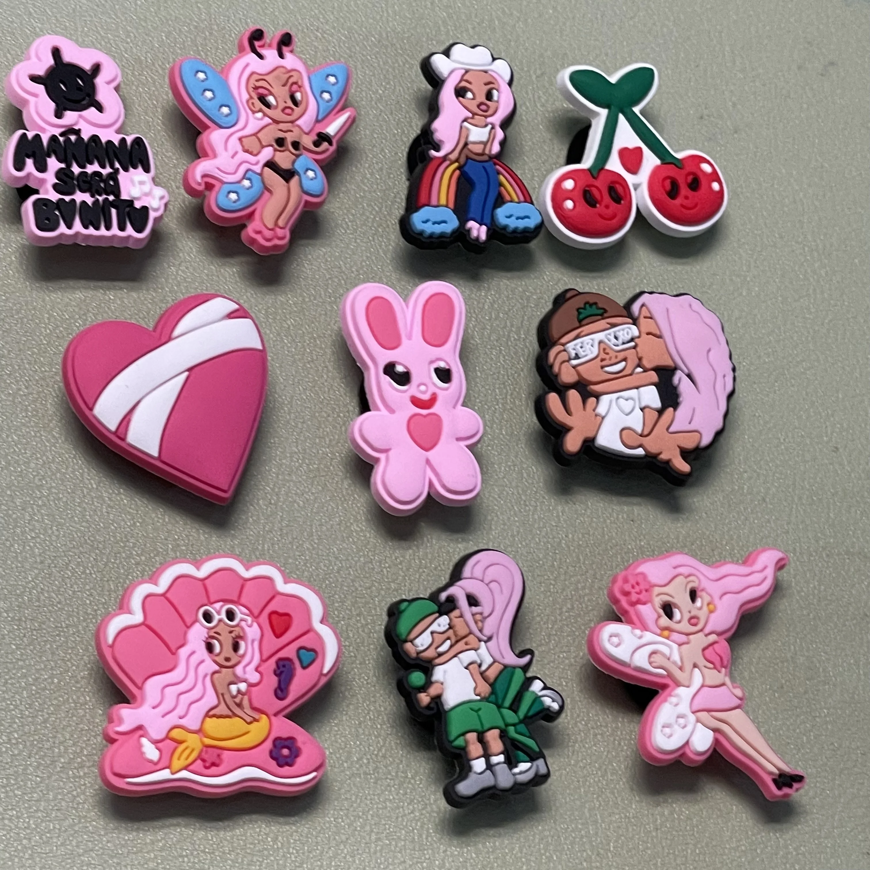 New Arrival 1-10pcs PVC Cartoon Woman Singer Cherry Heart Shoe Charms Buckle Clog Fit Wristbands Backpack Decoration Teens Gift