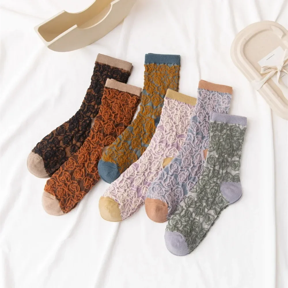 Ethnic Elastic Cotton Long Socks Vintage Women Socks Rose Flowers Embossment Harajuku Retro Streetwear Crew Socks Fashion Coffee