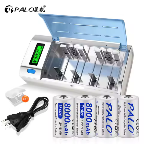 PALO 1.2V D Size NIMH Battery 8000mAh Type D LR20 R20 Rechargeable Batteries +LCD Smart Charger for AA AAA C D 9V battery