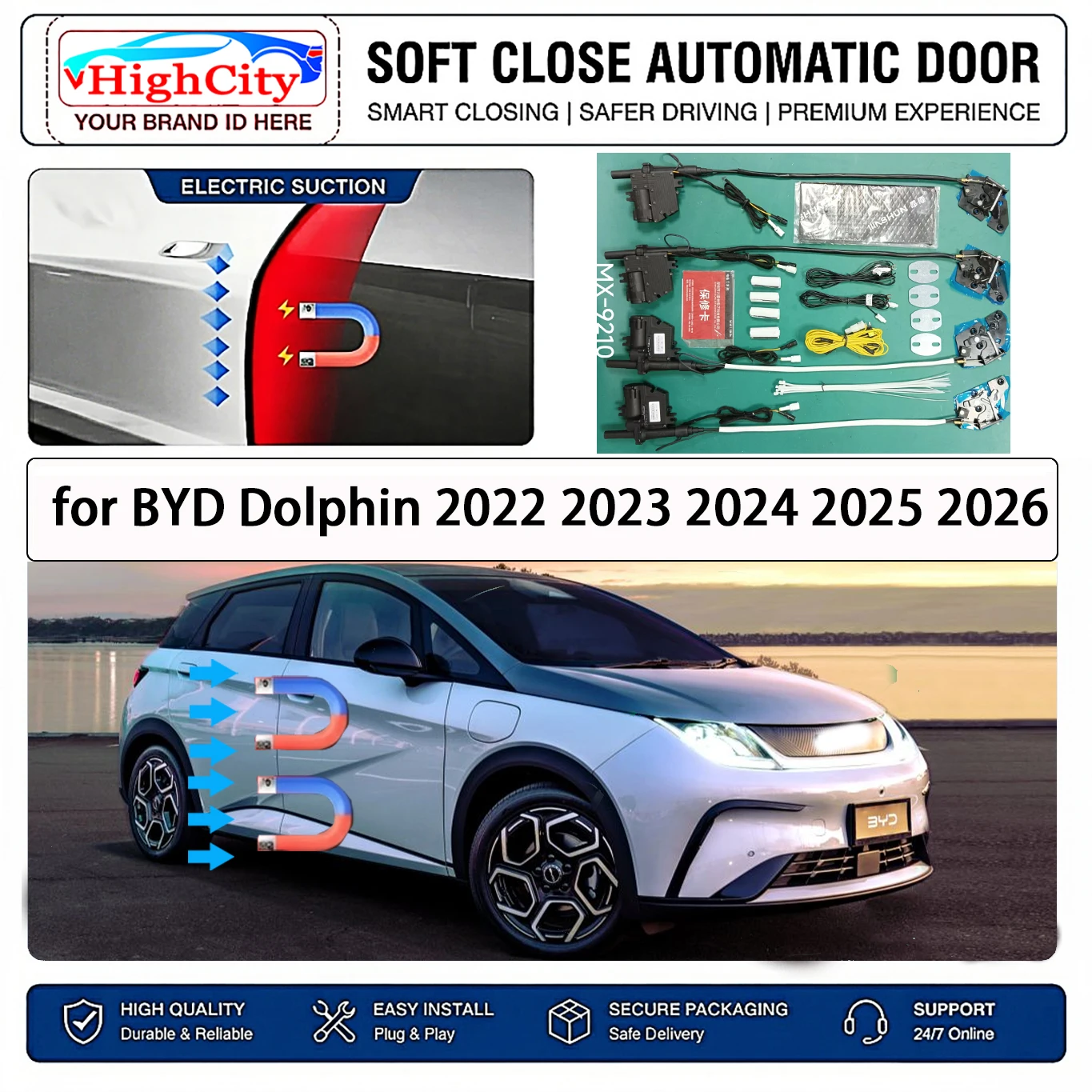 Highcity for BYD Dolphin 2022-2026 Electric Suction Soft Close Door Kit Smart Anti Pinch Auto Cinch Latch System No Slam Silent