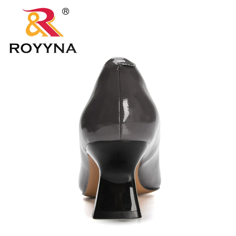 ROYYNA 2023 New Designers Square High Heels Pumps Women Patent Leather Square Toe Ladies Work Metal Decration Shoes Feminimo