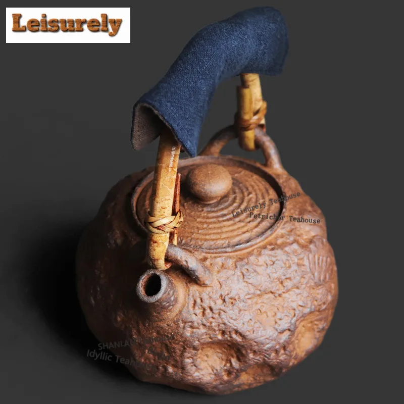 650ml Coarse Pottery Stone Pattern Lifting Handle Boiling Water Kettle Large Capacity Tea Maker Pot Flower Tea Kettle Tea Items