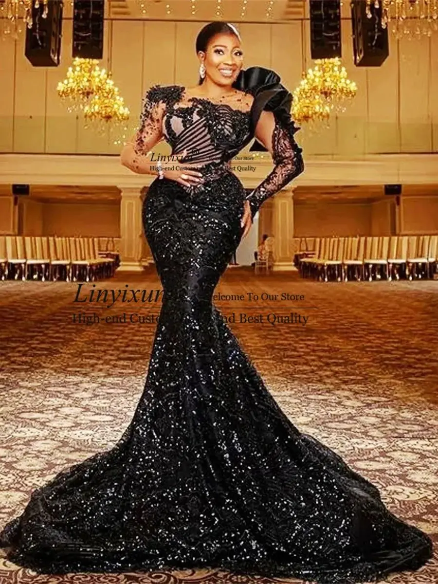 African Women Mermaid Prom Dresses With Sheer Neck Ruffles Beads Formal occasion Party Gowns Long Aso Ebi Lace Evening Gala Gown