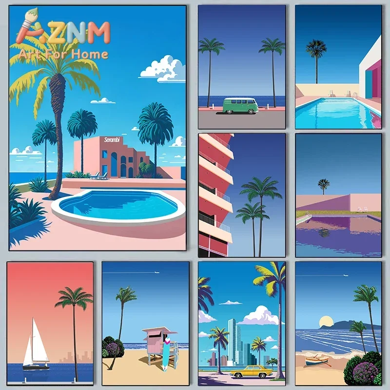Hiroshi Nagai Vaporwave Japan Beach City Summer Wall Art Canvas Painting Prints Posters Wall Pictures Nordic Living Room Deco