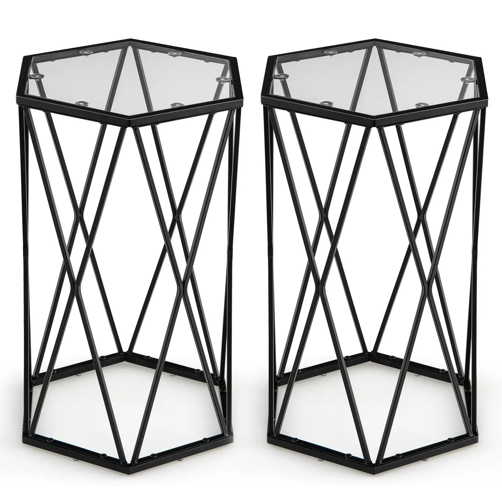 Costway Set of 2 End Table Tempered Glass Top Metal Frame Hexagonal Accent Side Table