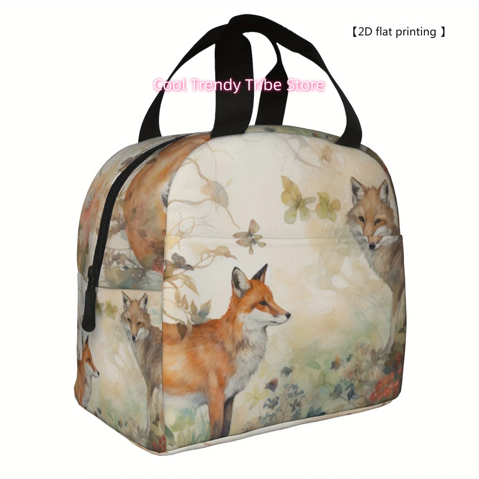 1pc [ 2D flat printing] Forest fox Portable Reusable Cooler Bag, Lunch bag Boxed meal package top - handle bag lunch bag for Cam