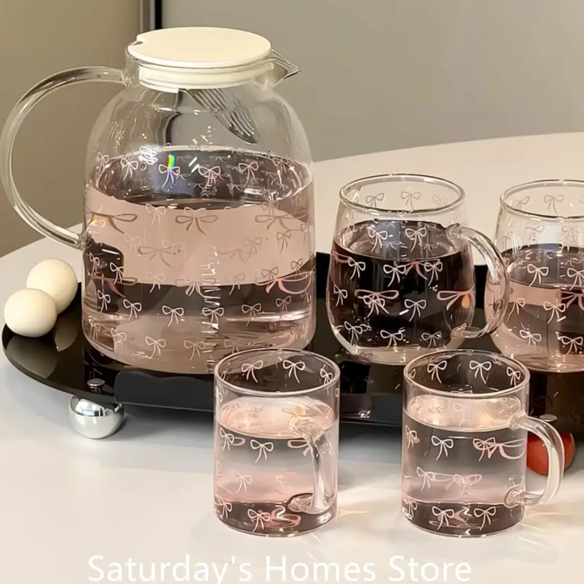 Bow  Patter  Water Glass Bottle Teapot Glass Cup with Bow Handle  Heat Resistant Glass Lover Tea Sets Kettle Water Cup Bottle