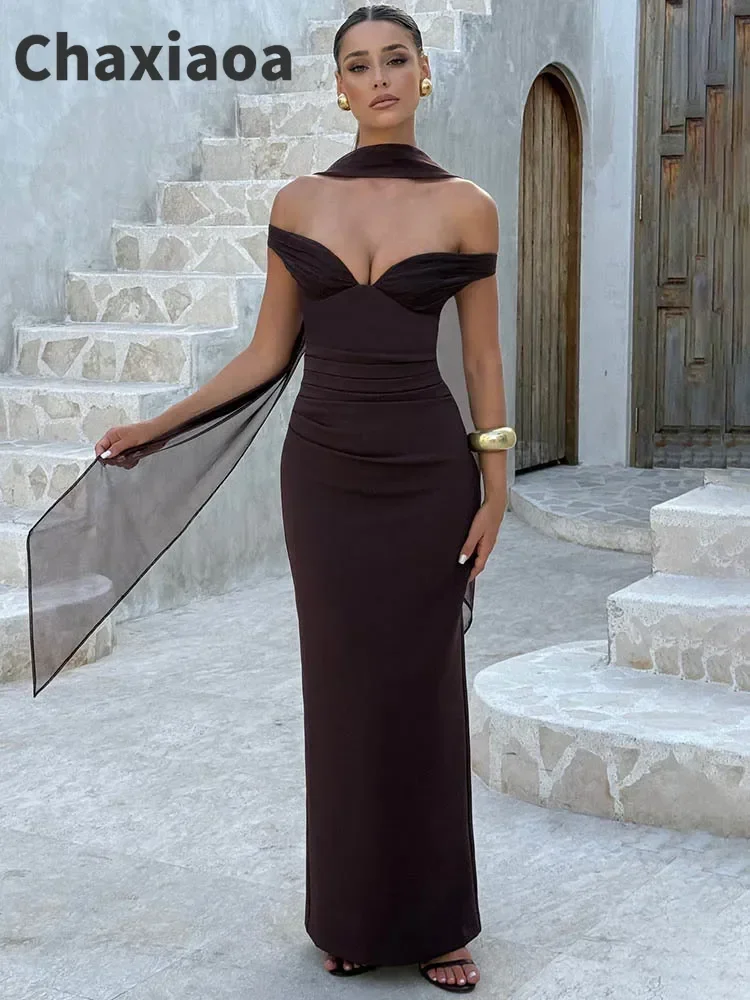 Chaxiaoa Scarf Collar Off-shoulder Sexy Maxi Dress Women Gown Fashion with Sleeve Strapless Backless Club Party Long Dresses