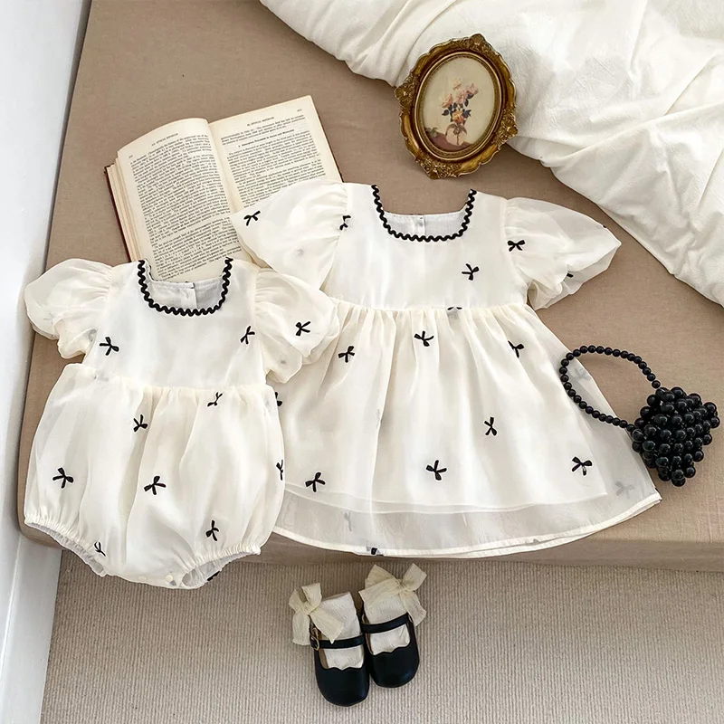 

Summer Sisters Baby Clothes Bow Puff Sleeves Girls Dress Newborn Romper Breathable Infant Jumpsuit Sweet Princess Clothing Gifts