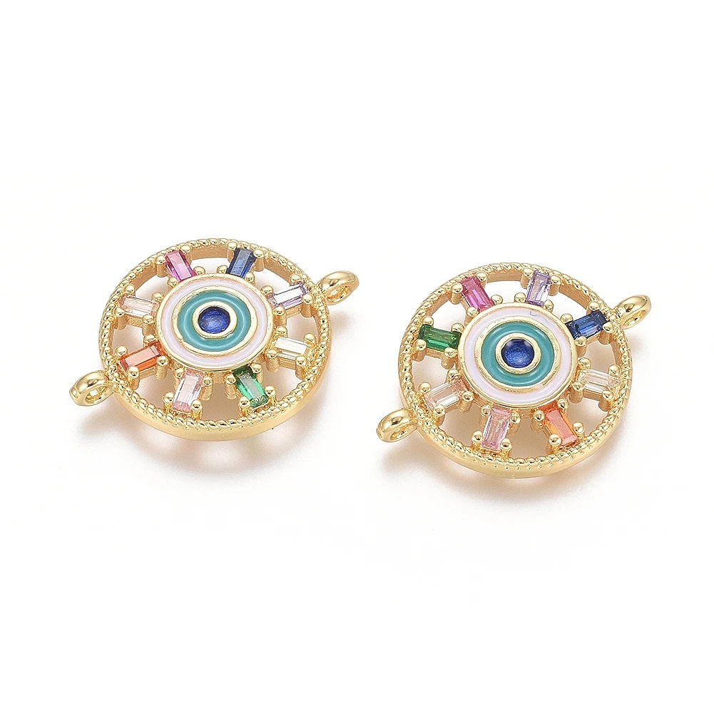 5pcs Metal Cubic Zirconia Links connectors with Enamel Flat Round with Evil Eye Colorful Golden for Making DIY Jewelry Necklace