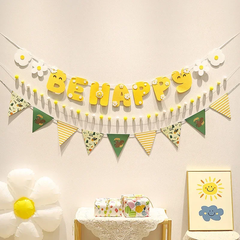 Happy Birthday Decorative Hair Ball Flag Set for Children and Baby's First Year Party Photography Props and Hanger Decoration