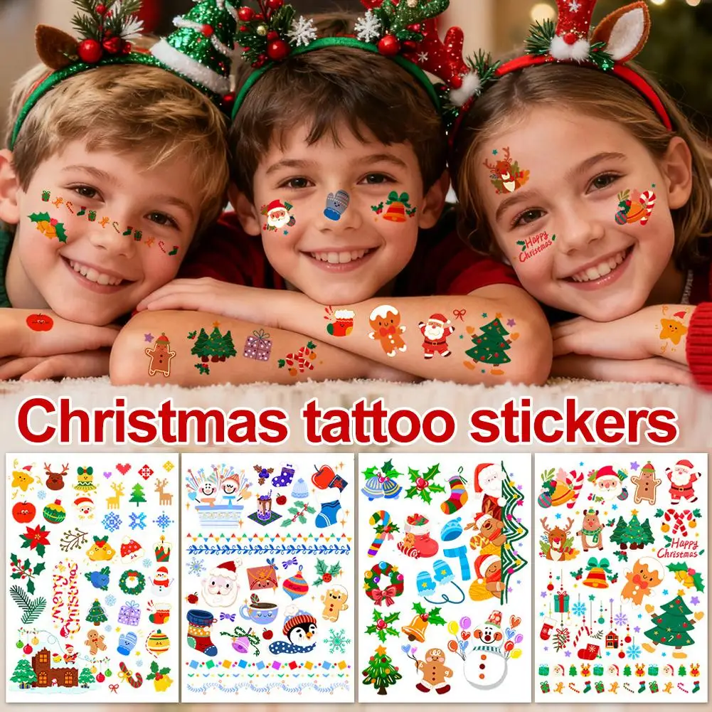 4 أوراق ملصقات وشم كرتونية أوروبية وأمريكية لعيد الميلاد للأطفال، سانتا كلوز لطيفة، حفلة الرنة والعطلات A4U6 #1