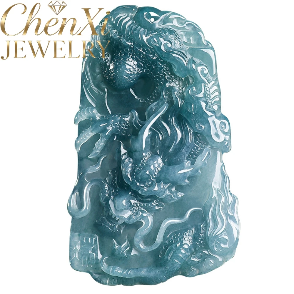 Natural Myanmar Grade A Ice Blue Water Jadeite Zodiac Dragon Pendant Hand Carved Dragon Relief Unisex Daily Jewelry Accessory