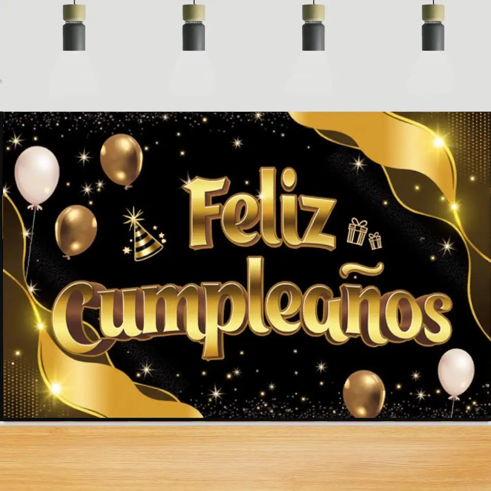 Feliz cumpleaños Spanish Birthday Background Black Gold Balloons Birthday Party Scene Decoration Banner Adult Photo Backdrops