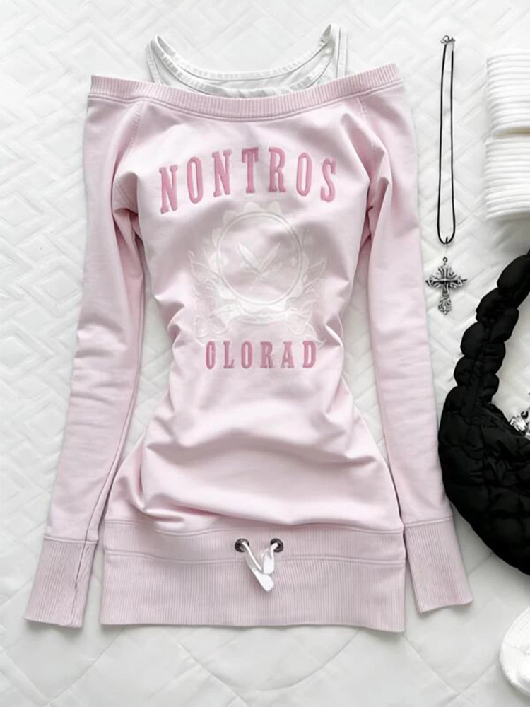 

Gothic Rose Original Pink Letter Print Splice Sweet Anti-Aging Slim Long Sve Hoodie Autumn Winter Women's Faionable