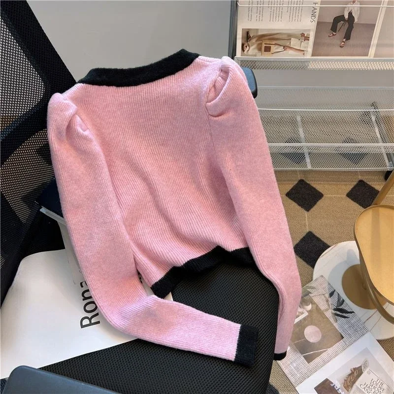 Neploe Elegant Fashion Square Collar Cardigans Autumn New Slim Fit Knitted Tops Y2k Sweet Cool Puff Sleeve Sweaters Women