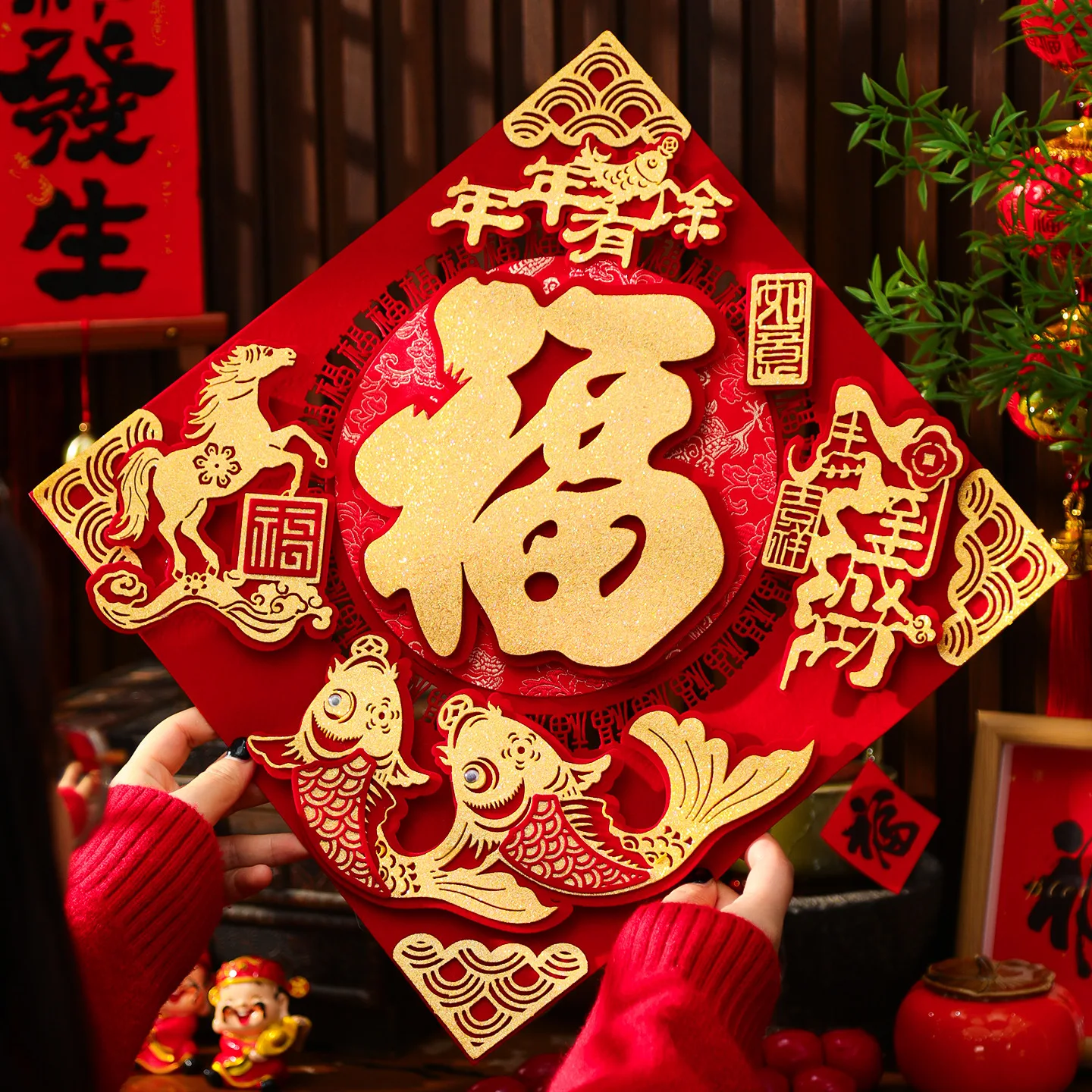 

2026 New Year's Fuzi Door Decal Flocked 3D Fortune Character Door Decal for Chinese New Year Celebrations New Year Decorations