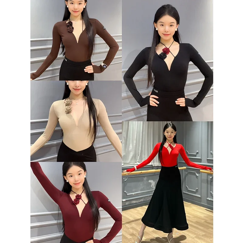 

Latin Dance Clothes Women Adult Rose Long Sleeves Tops Black Ballroom Skirt Rumba Ballroom Dance Performance Costume DNV21926
