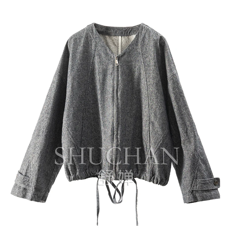 

Retro Linen Cotton V-Neck Loose Jacket Women 13B0 2025 Spring New Casaco Feminino Bomber Jacket Women
