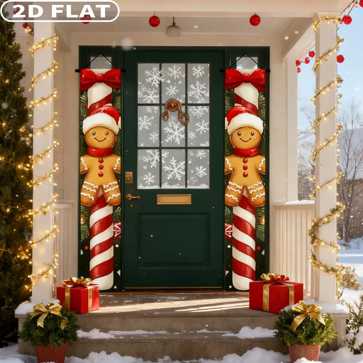 

1pair Merry Christmas Doors Party Packs 1x6 FT Porch Sign for Xmas Front Door with Wall Hanging Yard Party Decorations Polyester