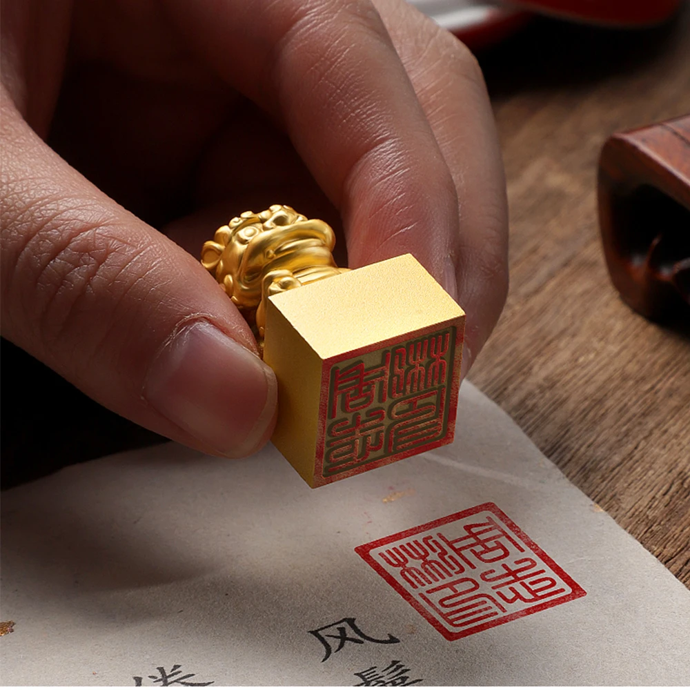 Hithere Dragon Stamps 1.8cm Square Name Stamp Gold Metal Seal Calligraphy Painting Signature Customized Chinese Korea Jade Seals