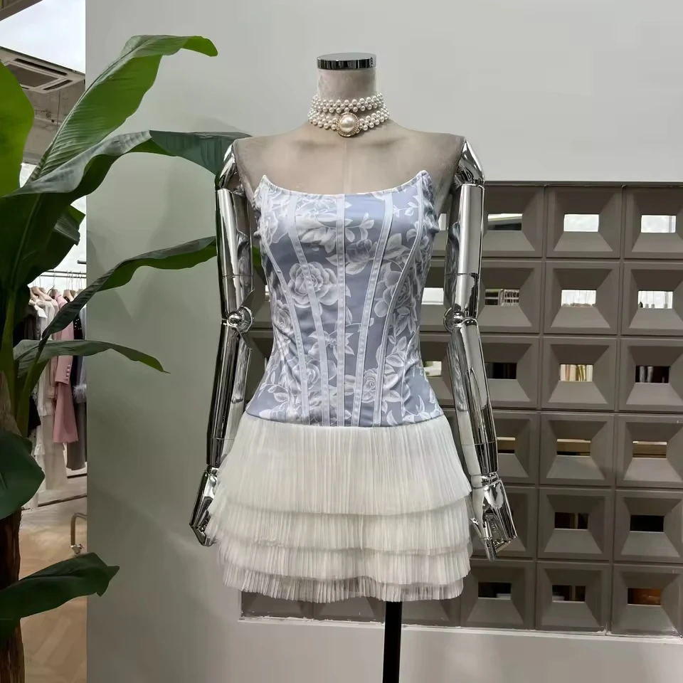 

Summer Sweet Style Blue Floral Print Embroidered Birthday Outfit Lace Tube Top Cake Pleated Midi Skirt Women Fashion Set