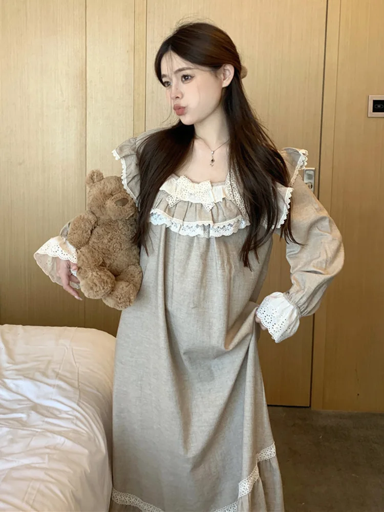 Lovers Lace New Home Winter Solid Cotton Loose Long Sleeve Pajama Set Women Sweet Simple Korean Couple NightDress Elegant Casual